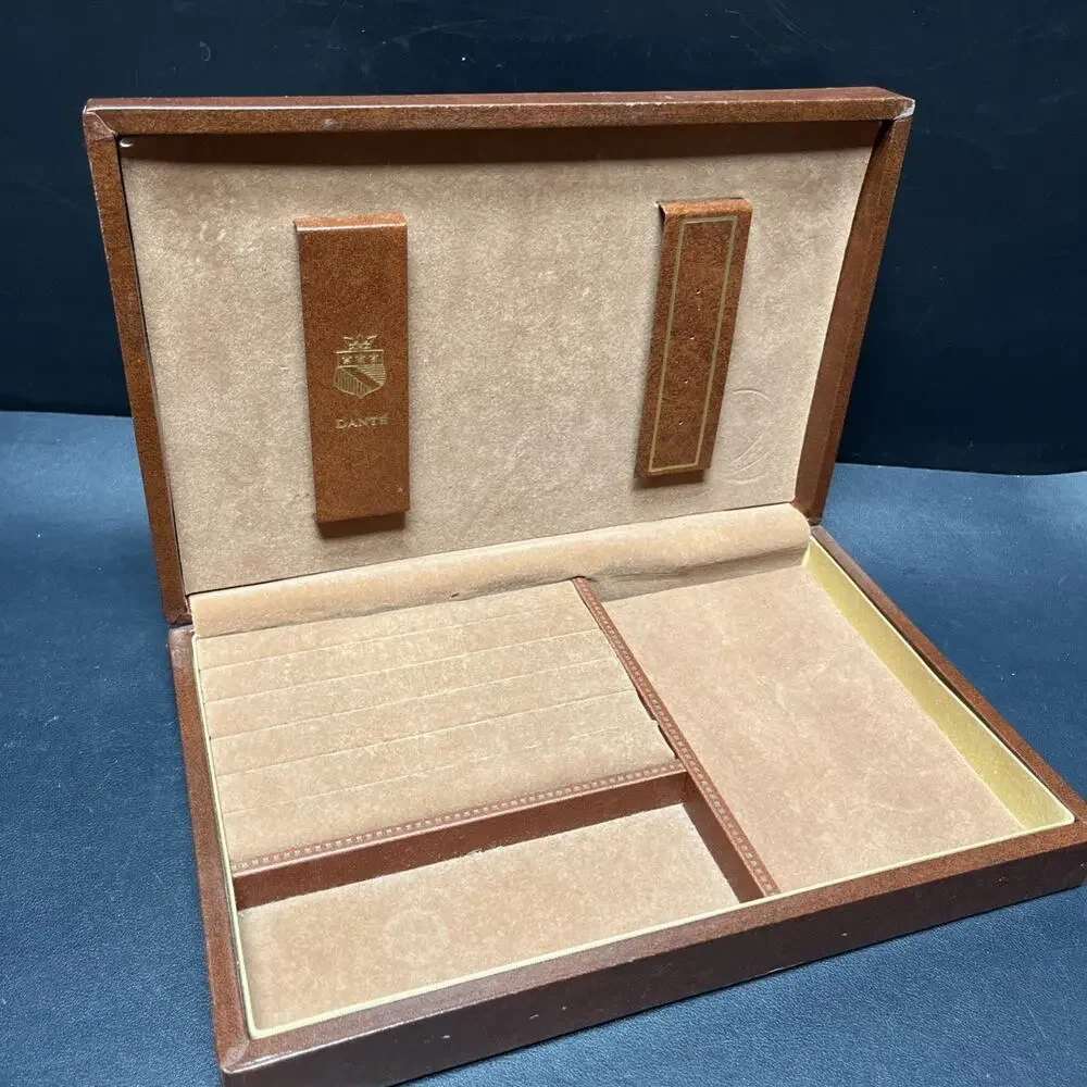 Vintage Dante Mens Jewelry Box Valet Box Faux Brown Leather, Swords & Crown
